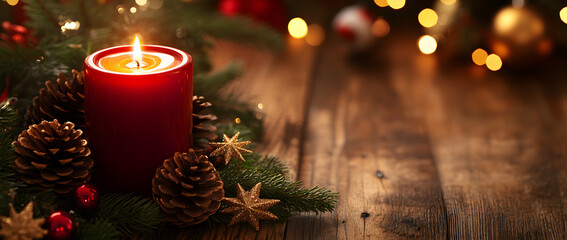 A rustic wooden table is adorned with vintage decorations like pine cones, stars, and snowflakes, creating an atmosphere of warmth and tranquility.