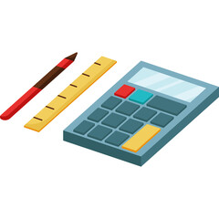 Simple Digital Calculator With Yellow Ruler And Red And Black Pencil On White Background For Education Or Business Calculations