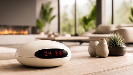 Sleek digital clock adds a touch of modern elegance to a stylish and cozy living room setting.