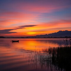 Serene Lake Sunset - A Tranquil Reflection of Natures Beauty.
