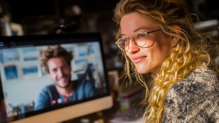 A woman enjoys a video call in a cozy home office, highlighting remote work and digital connectivity.