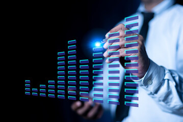 Businessman hand with pen show graph chart stock market economic. growth business concept. trend marketing grows technology digital. economy, financial, and invest