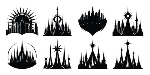 Collection of eight distinct fantasy castle silhouettes with spires and ornate architectural details on white background 