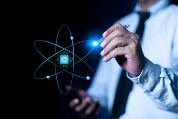Businessman hand with pen touching at quantum computing processor as the core of future technology. AI chip and abstract digital atom. concept of artificial intelligence.