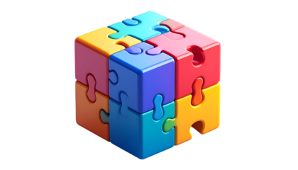 Vibrant 3D Puzzle Cube: Symbolizing Business Solution, Teamwork, Integration & Problem Solving on Black