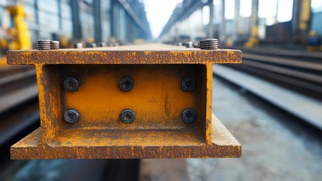 Close-up view of industrial metal railway track sleepers with rust and bolts
