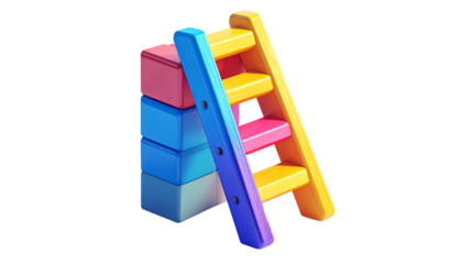 Vibrant 3D Ladder Leaning on Stacked Colorful Blocks: Growth, Progress, and Success Concept for Business, Education & Development