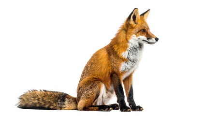Fototapeta premium An alert, orange-brown fox sits elegantly, facing right, fur detailed against black