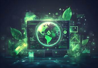a glowing globe surrounded by holographic icons, such as a recycling symbol, a leaf, and a water droplet, all connected by smooth, dynamic lines to represent interconnectivity.