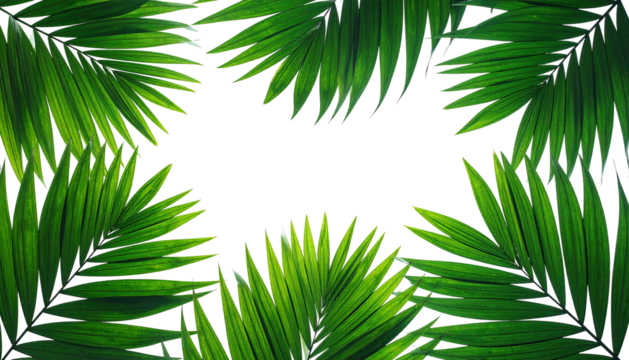 Lush green palm fronds border a black void, suggesting tropical space