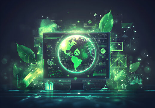 a glowing globe surrounded by holographic icons, such as a recycling symbol, a leaf, and a water droplet, all connected by smooth, dynamic lines to represent interconnectivity.