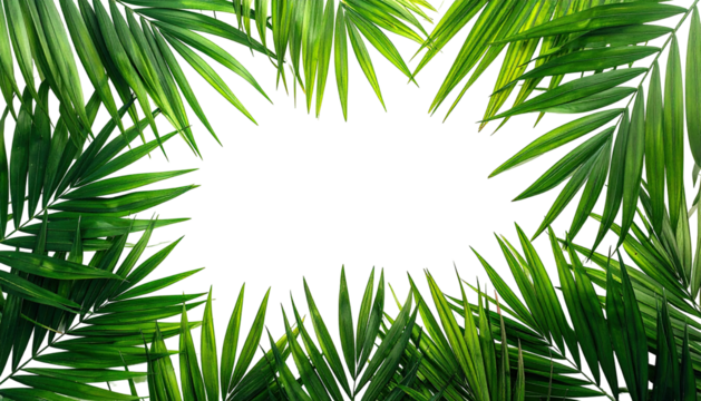 Lush green palm leaves frame a black void, offering natural tropical aesthetic