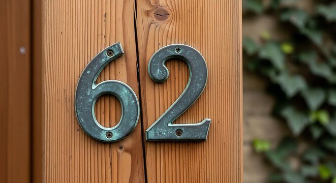 House Number Sixty-Two on Wooden Post with Ivy Background.