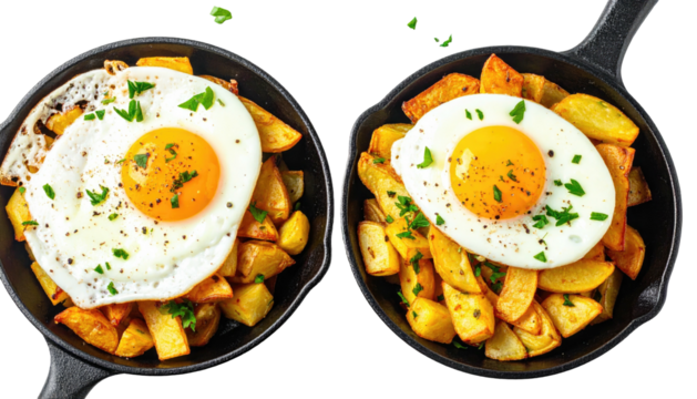 Two cast iron skillets display fried eggs atop golden roasted potatoes, parsley garnish