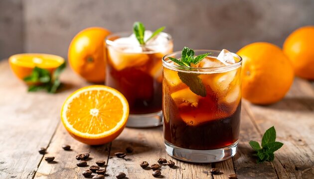 Iced coffee cocktails with orange slices