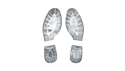 Two grayscale shoe prints with a distinct tread pattern, isolated on black