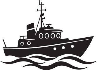 Obraz premium Black silhouette of a tugboat sailing on waves ship