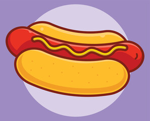 Cartoon Hot Dog with Mustard on a Bun - Flat Vector Illustration of American Fast Food Snack Icon, perfect for menus, apps, or graphic designs