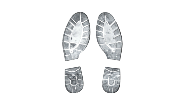 Two grayscale shoe prints with a distinct tread pattern, isolated on black