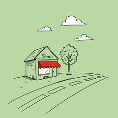 Hand-drawn shop with red awning and tree by the road