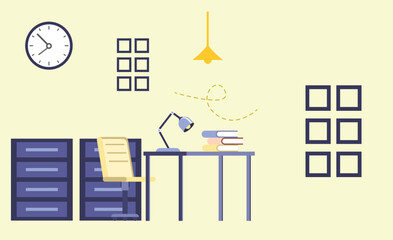 Minimalist Home Office Workspace Illustration with Desk, Chair, Books, Lamp, and Wall Clock for Remote Work or Study.