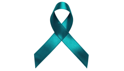 A teal awareness ribbon, silk-like, against a stark black background