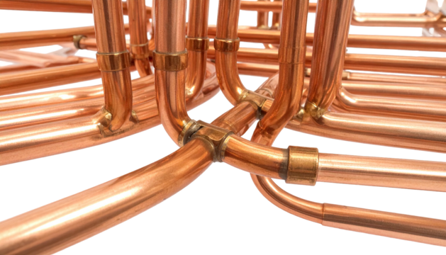 Gleaming copper pipes connected with fittings form an intricate network