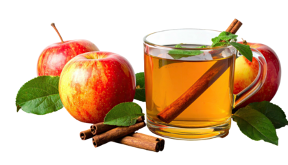 Clear mug of spiced apple cider with fresh fruit, cinnamon sticks, and greenery