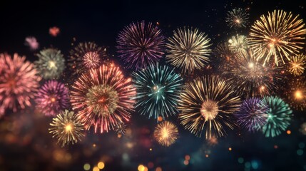 Fototapeta premium Fireworks of Celebration: A mesmerizing display of vibrant fireworks explodes against a dark canvas, each burst a unique dance of color and light.