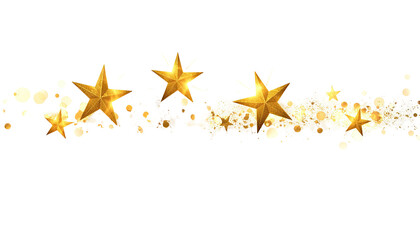 Five gold stars aligned with shimmering gold particles on a black background