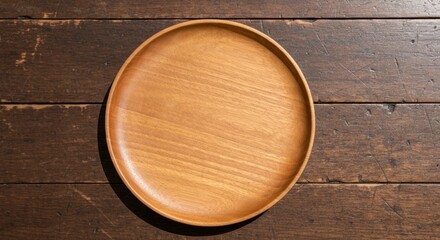 Overhead view of a smooth, circular wooden plate resting on a weathered, dark wood surface