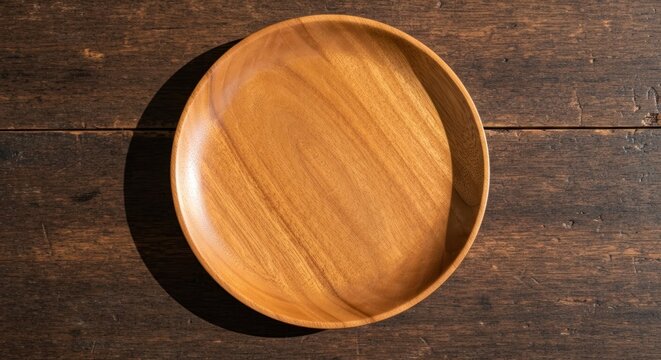 Overhead shot of a round, light-brown wooden plate on a darker, wooden surface