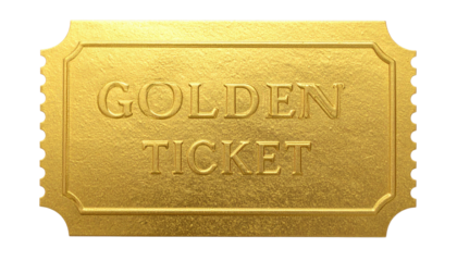 A detailed golden ticket with the words "GOLDEN TICKET" embossed