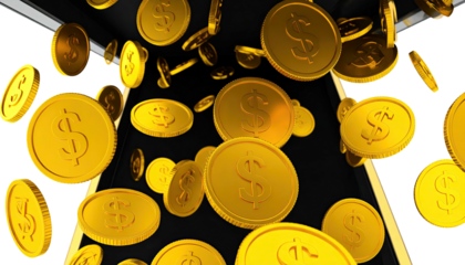 Overhead perspective shows falling golden coins against a dark background and white lines