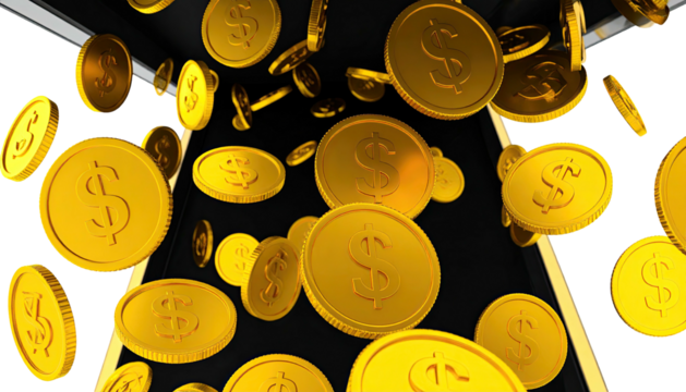 Overhead perspective shows falling golden coins against a dark background and white lines