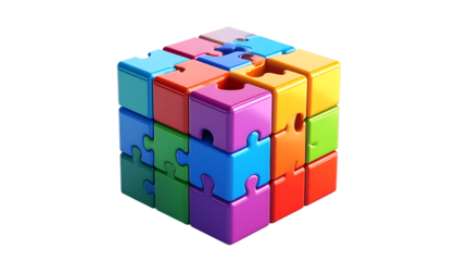 Vibrant 3D Puzzle Cube: Teamwork, Solution & Integration Concept. Colorful Interlocking Pieces for Business Strategy, Problem Solving, and Connected Success.