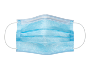 Light blue pleated face covering with white ear loops, isolated on black