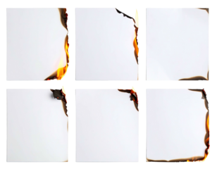 Six square white papers with varying degrees of burning edges