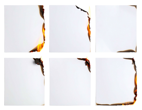 Six square white papers with varying degrees of burning edges