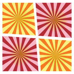 Pop Art Comic Backgrounds Set Vibrant Sunburst and Starburst Patterns with Halftone Dots in Orange, Yellow, Pink, and Red, ideal for retro design elements or energetic graphic layouts