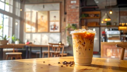 Iced coffee in a to-go cup sitting on a wooden table