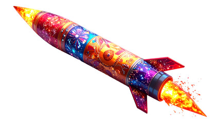 Vibrant Ornate Rocket Launching with Fiery Thruster on Black Background - Symbol of Celebration, Innovation & Success