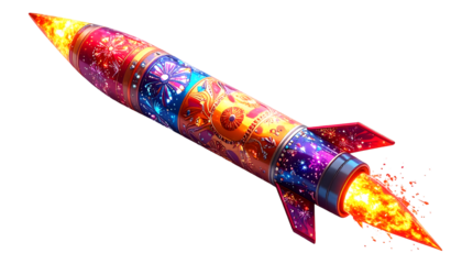 Vibrant Ornate Rocket Launching with Fiery Thruster on Black Background - Symbol of Celebration, Innovation & Success