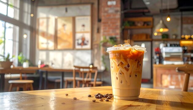 Iced coffee in a to-go cup sitting on a wooden table