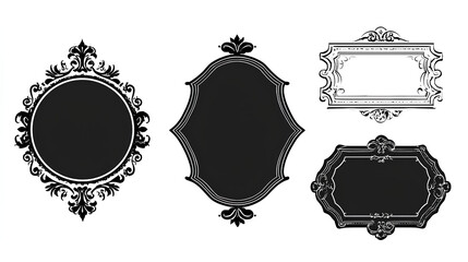 Black decorative label silhouettes, vintage frame shapes, retro outline badge, ornate geometric borders, empty tag design graphics, shield elegant royal crest emblem, retro sticker. 