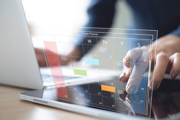 Calendar planner organization management remind concept. Business woman using laptop with calendar, planning event schedule, business meeting agenda plan. Work time management