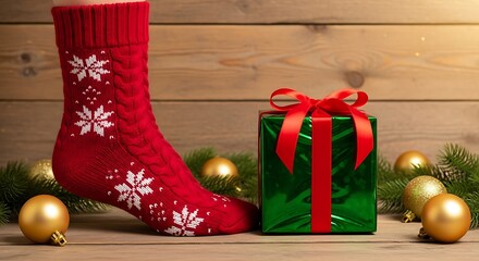 Festive Christmas Still Life with Stocking and Gift.