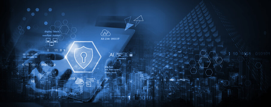 Cyber security network. Data protection concept. Businessman using laptop computer with digital padlock on internet technology networking with cloud computing and data management, cybersecurity