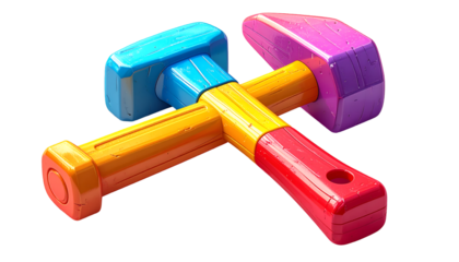 Vibrant Abstract Hammers Intersecting: Dynamic Colorful Tools Representing Teamwork, Innovation & Creative Problem Solving Against a Black Background