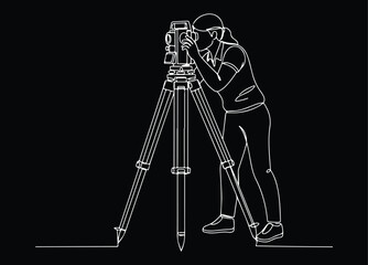 Continuous line drawing of a land surveyor or engineer operating a theodolite or total station on a tripod, symbolizing precision measurement, land mapping, and construction site work